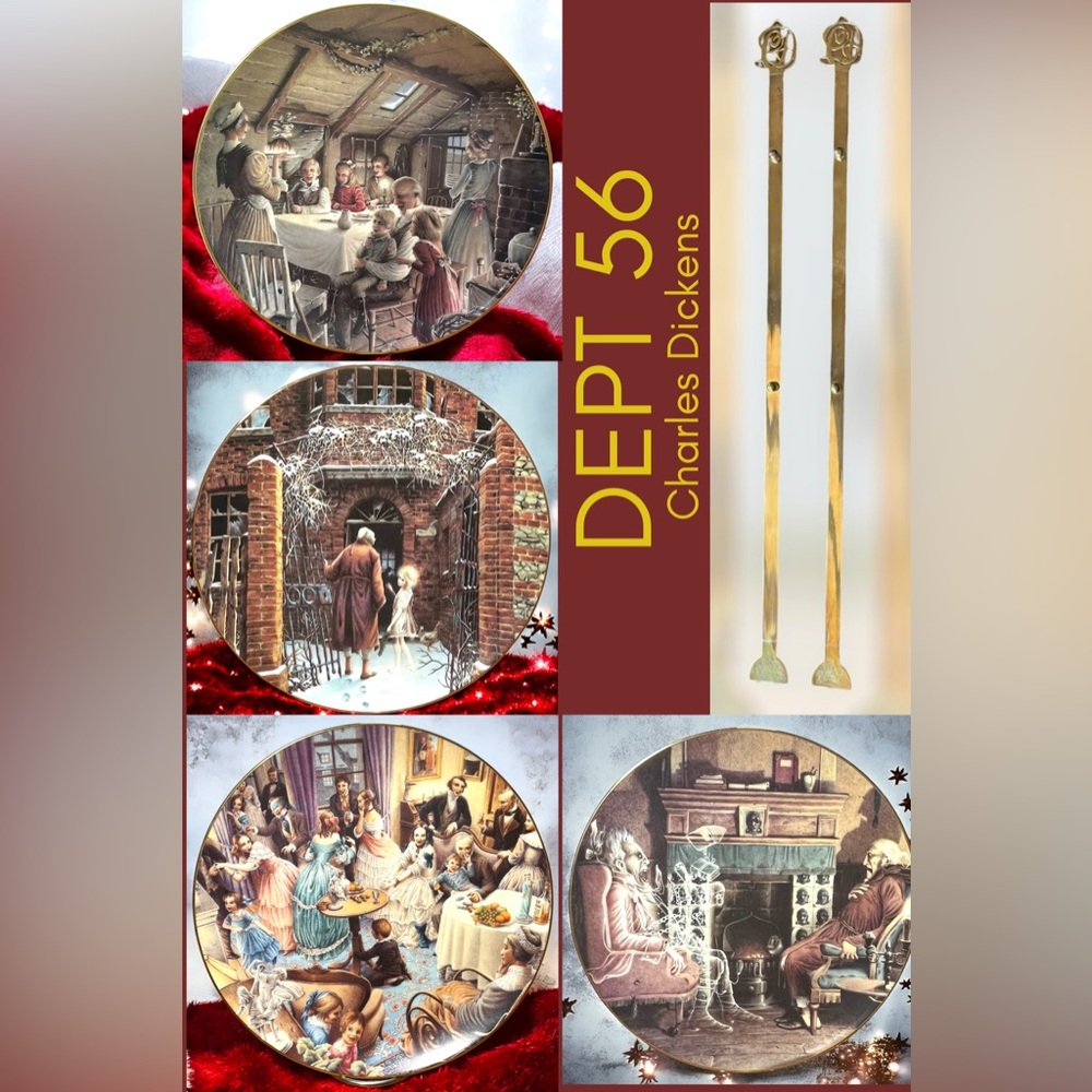 Dept 56 A Christmas Carol Coll. Plate Series Set of 4 & 2 Brass Plate Holders